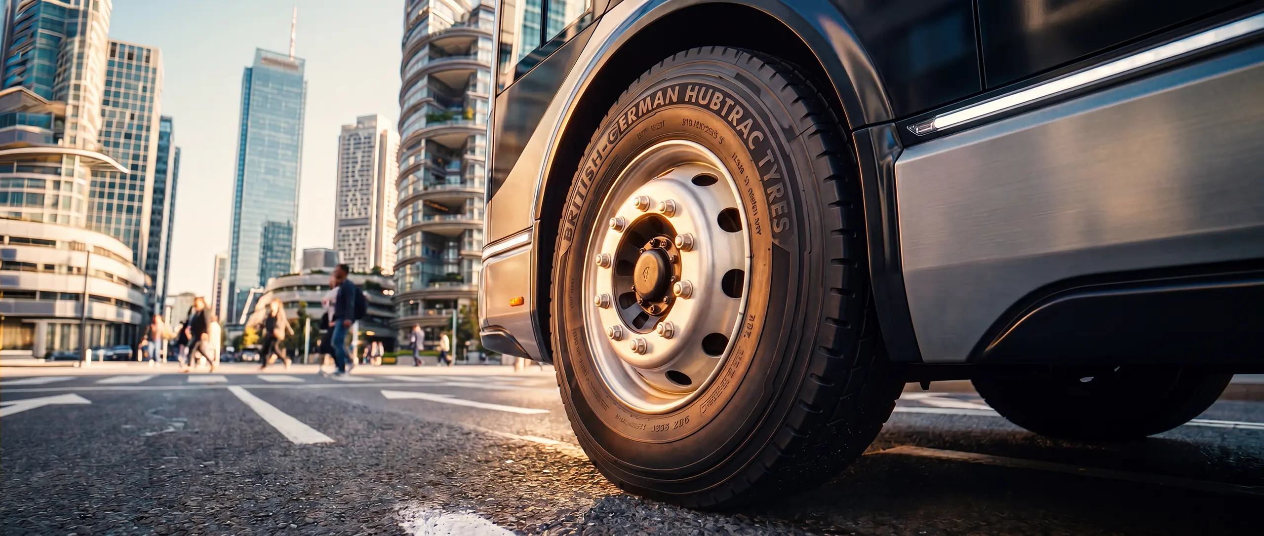 Close-up of a truck wheel on a city street